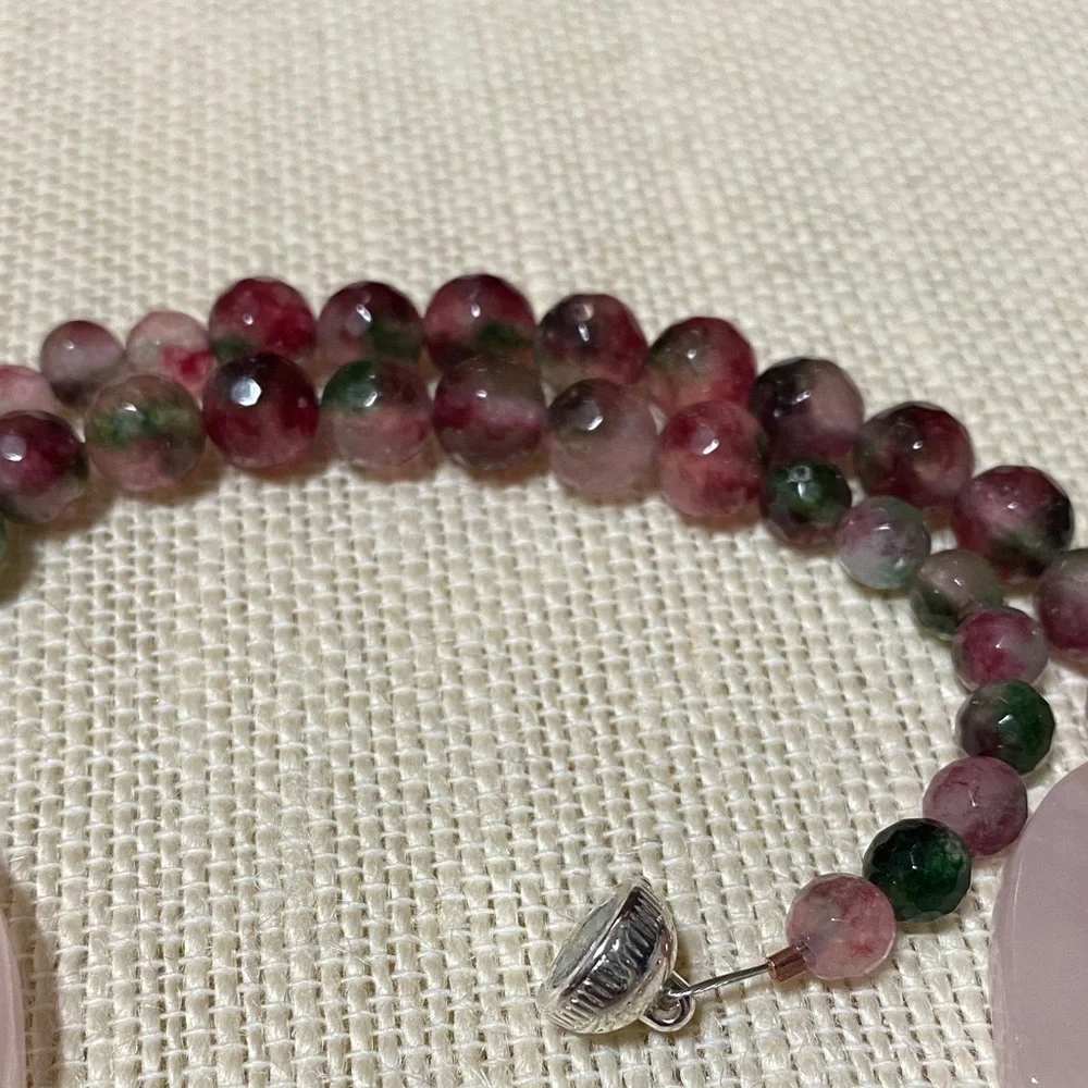 Elegant Artisan Natural Rose Quartz & Pomegranate Jade gemstone 17” Necklace